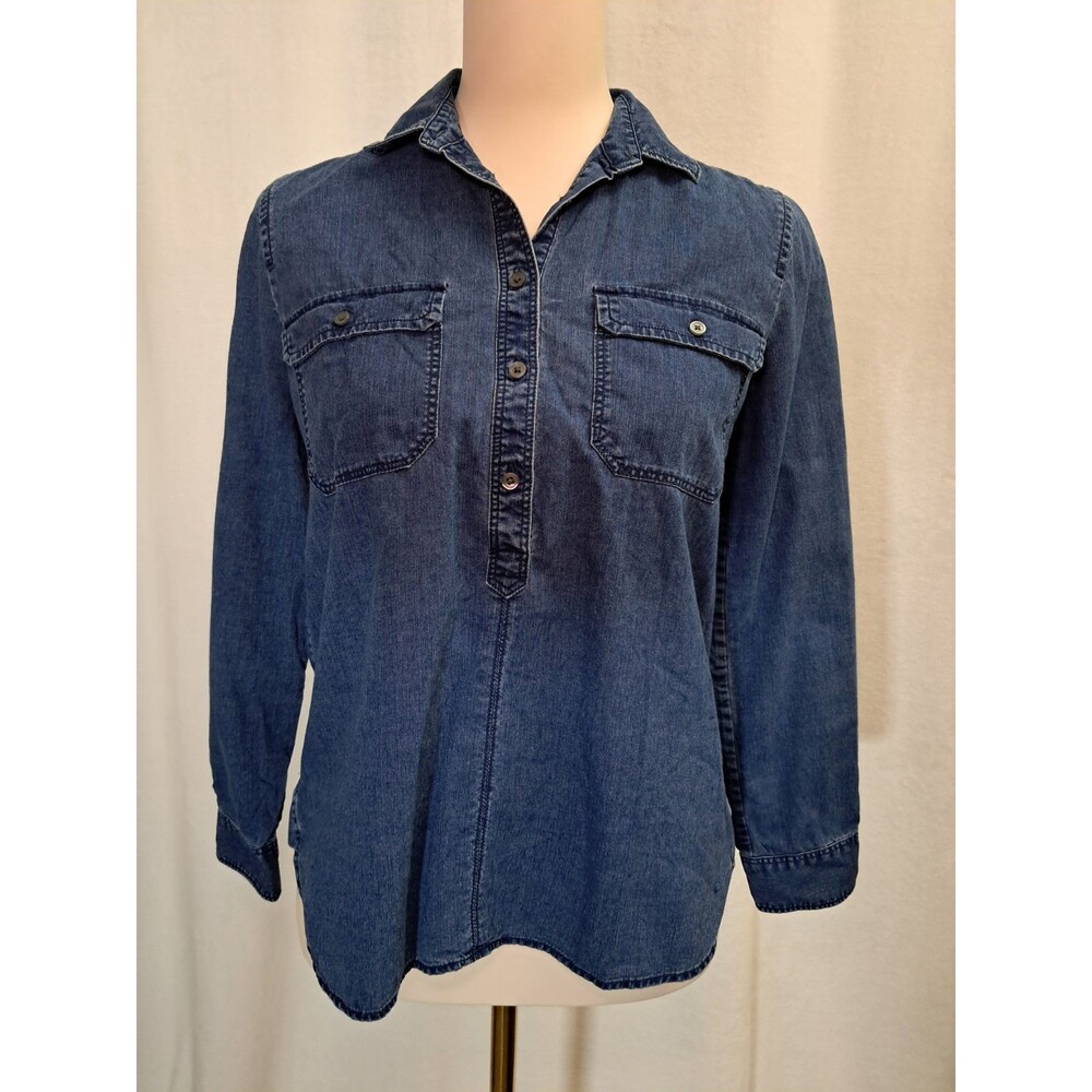 J.Crew Petite Size SP Half Button Denim Shirt Long Sleeve Patch Pockets Blue